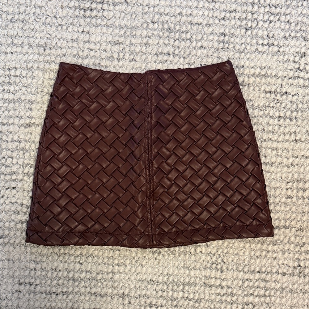 Commense Woven Faux-Leather Mini Skirt in Dark Brown